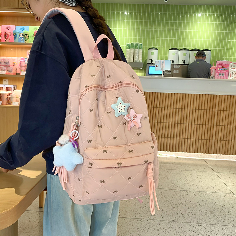 School Backpack Teen - Y2K Schattige Rugzak met Strikprint, Gewatteerd,
